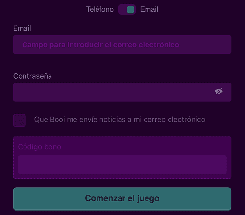 Proceso de registro en Booi Casino